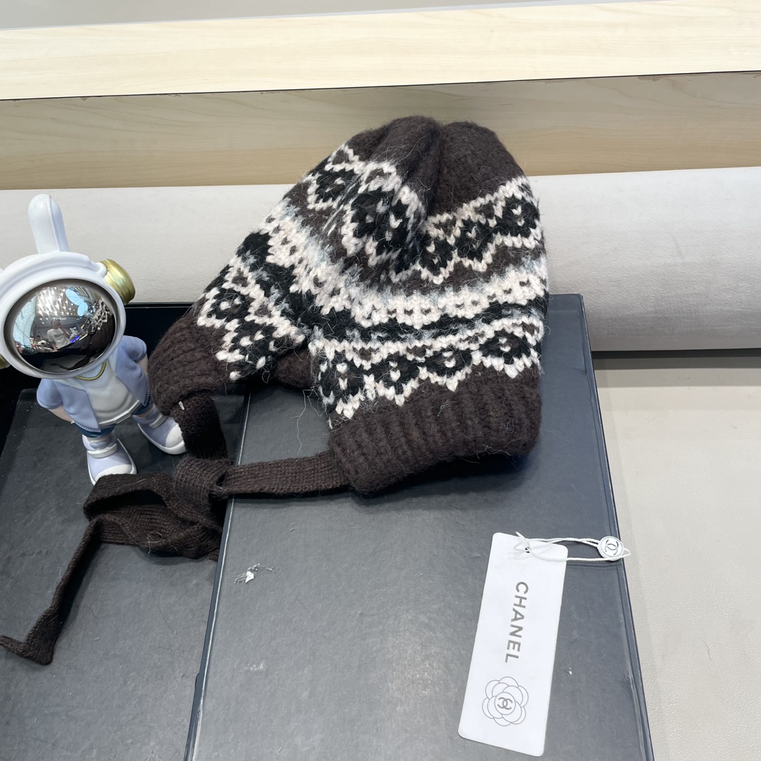 Chanel秋冬针织帽可两用包包帽复古着绑带堆堆帽保暖毛线帽民族风帽子女