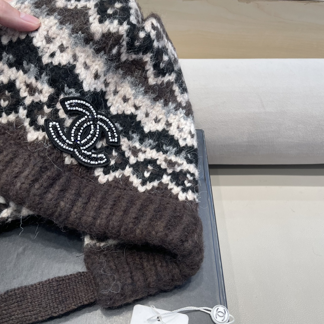 Chanel秋冬针织帽可两用包包帽复古着绑带堆堆帽保暖毛线帽民族风帽子女