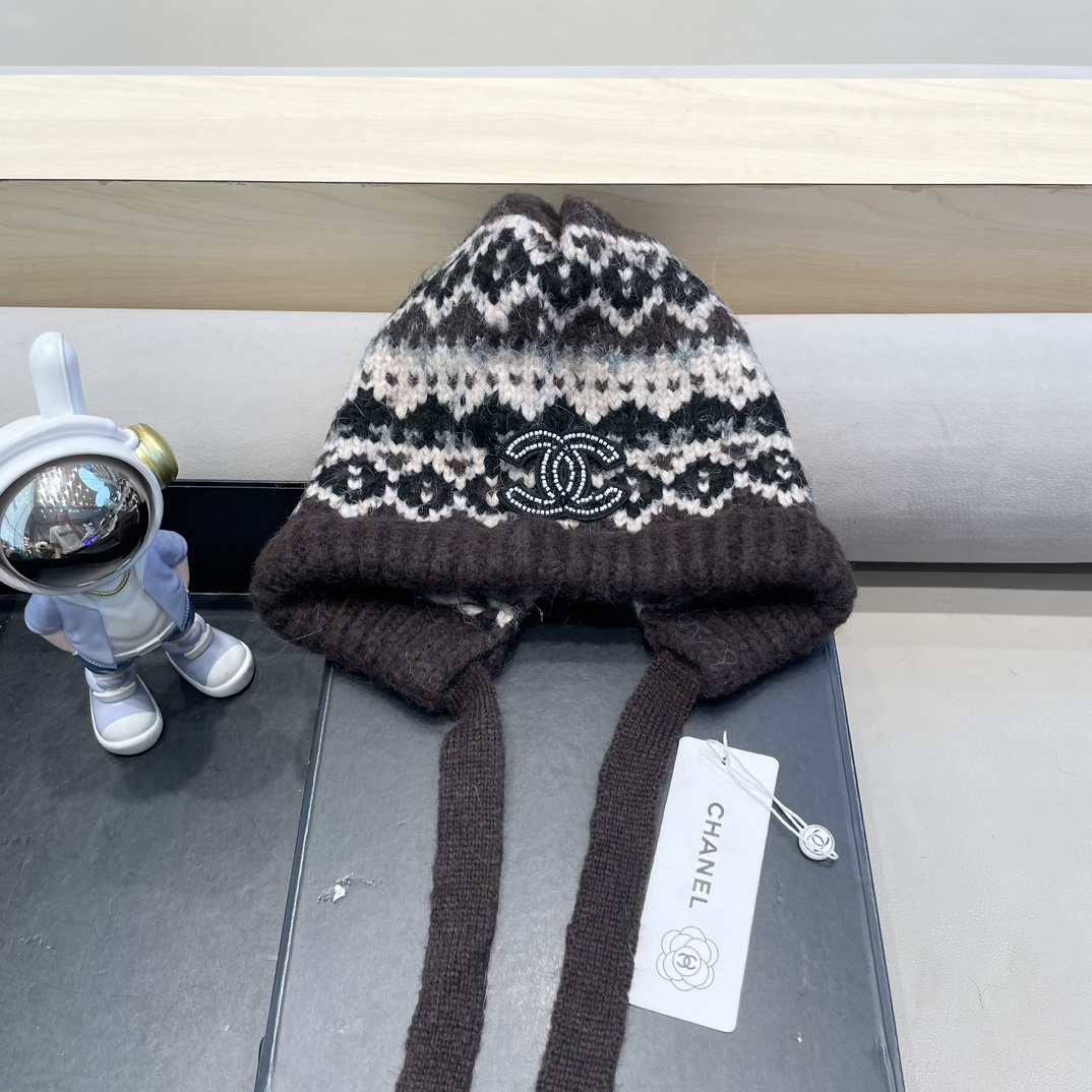 Chanel秋冬针织帽可两用包包帽复古着绑带堆堆帽保暖毛线帽民族风帽子女
