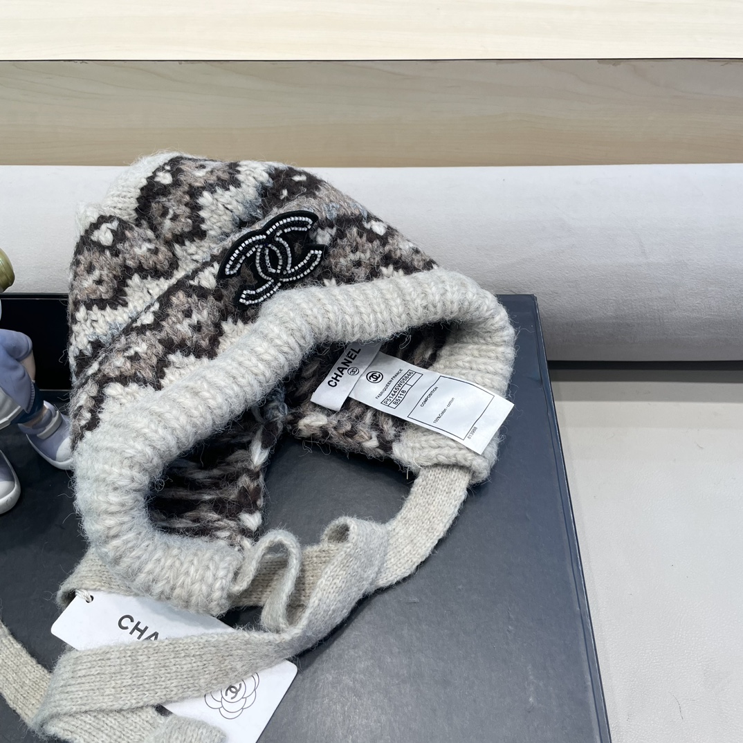 Chanel秋冬针织帽可两用包包帽复古着绑带堆堆帽保暖毛线帽民族风帽子女