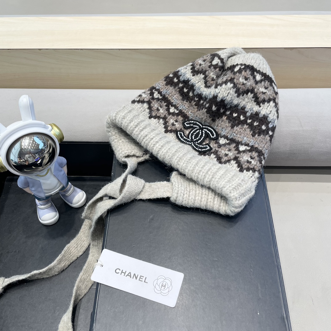 Chanel秋冬针织帽可两用包包帽复古着绑带堆堆帽保暖毛线帽民族风帽子女