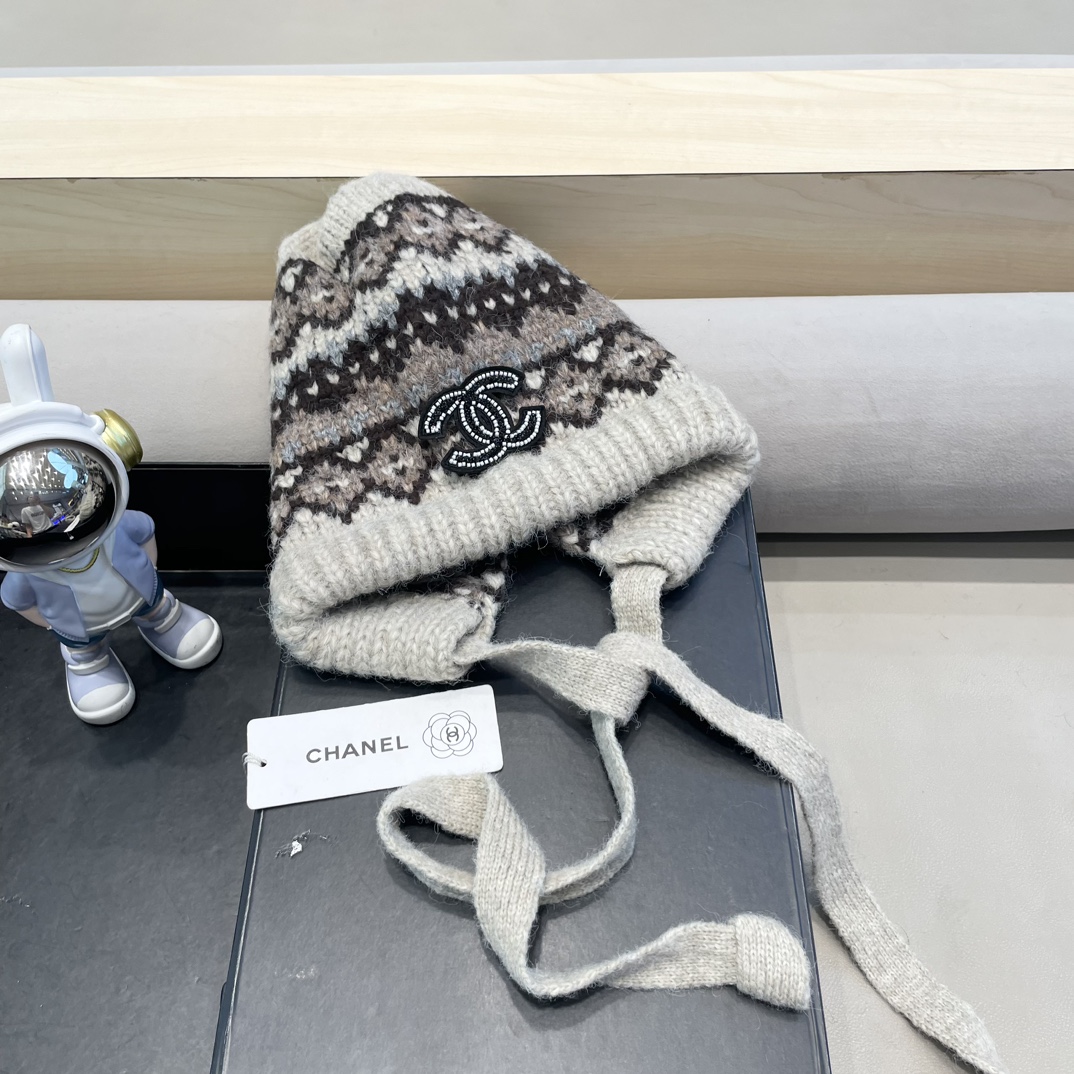 Chanel秋冬针织帽可两用包包帽复古着绑带堆堆帽保暖毛线帽民族风帽子女