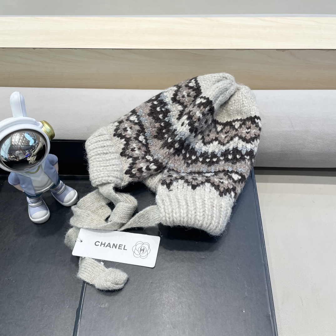Chanel秋冬针织帽可两用包包帽复古着绑带堆堆帽保暖毛线帽民族风帽子女