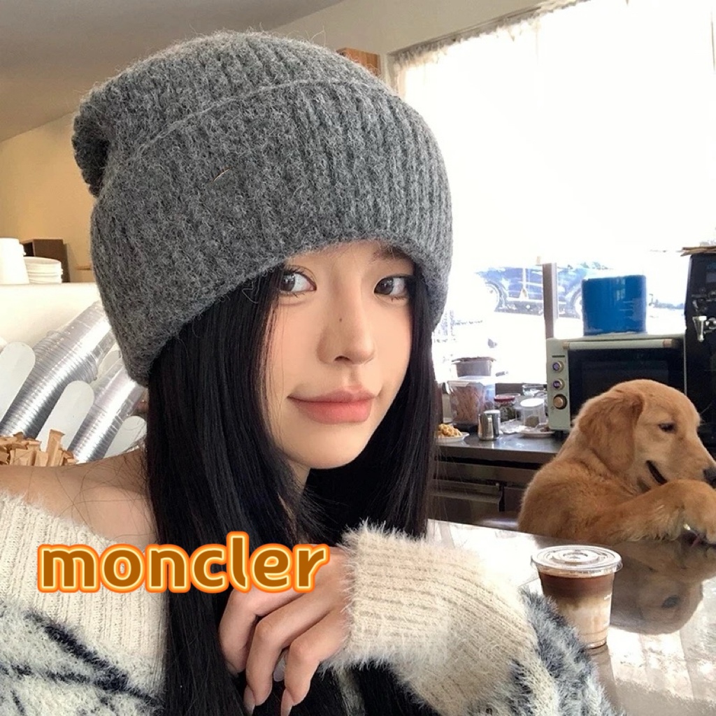 moncler羊毛混纺毛线帽子女冬季加厚毛线帽户外防风骑车护耳帽显脸小冷帽