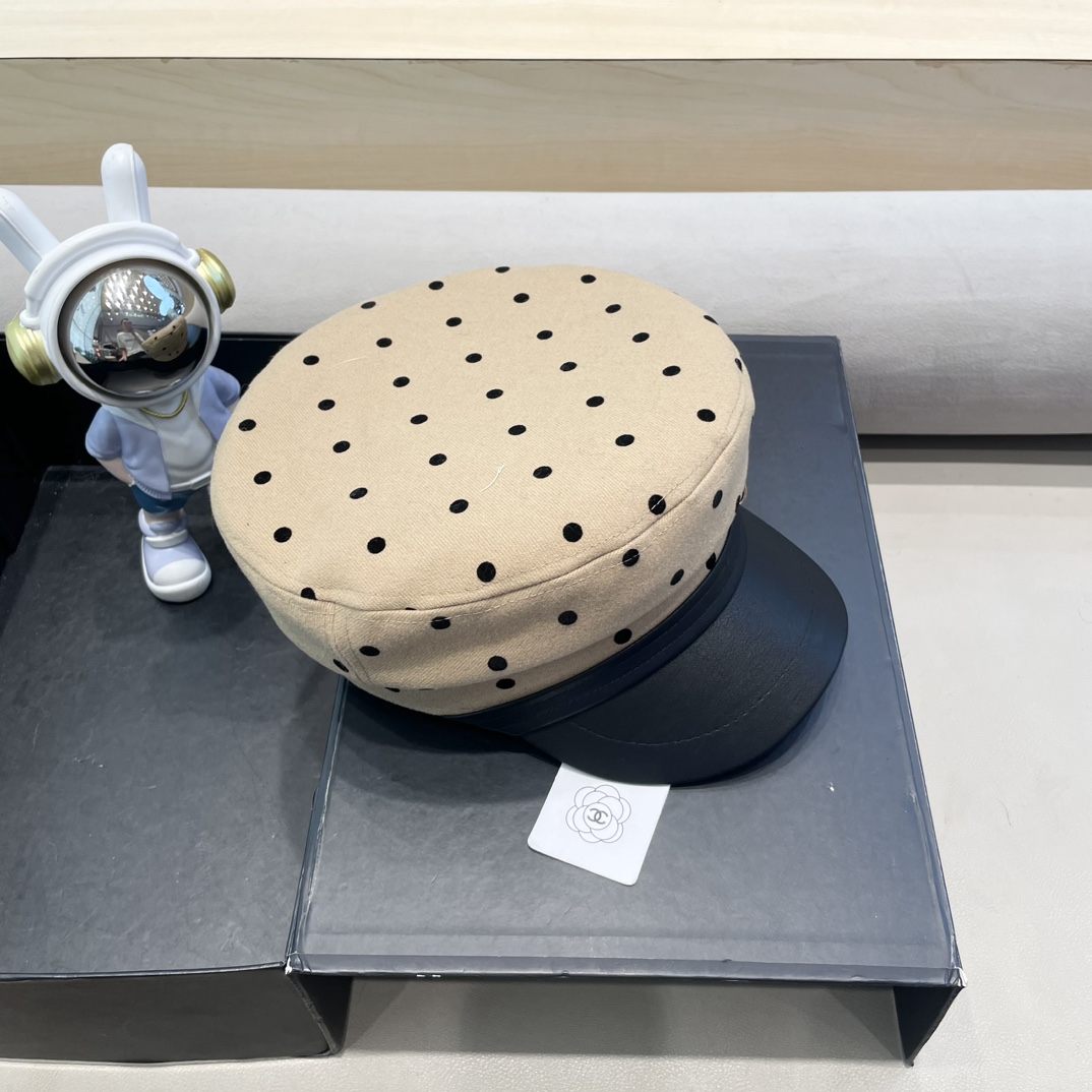 Chanel韩版波点帽子女2024春秋新款英伦复古八角贝雷帽显脸小平顶鸭舌帽