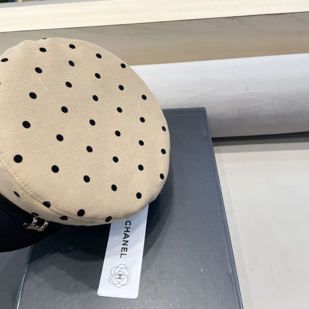 Chanel韩版波点帽子女2024春秋新款英伦复古八角贝雷帽显脸小平顶鸭舌帽