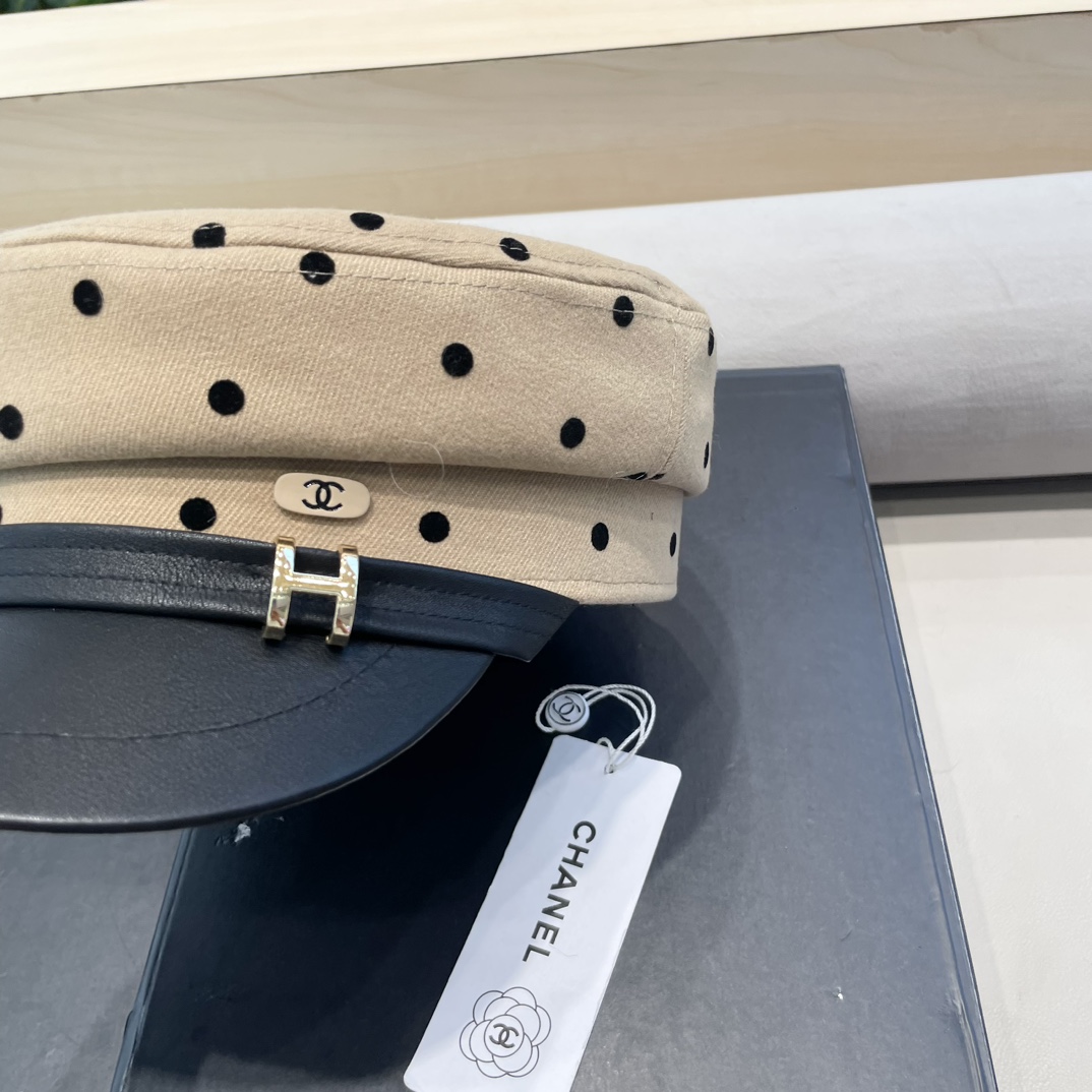 Chanel韩版波点帽子女2024春秋新款英伦复古八角贝雷帽显脸小平顶鸭舌帽