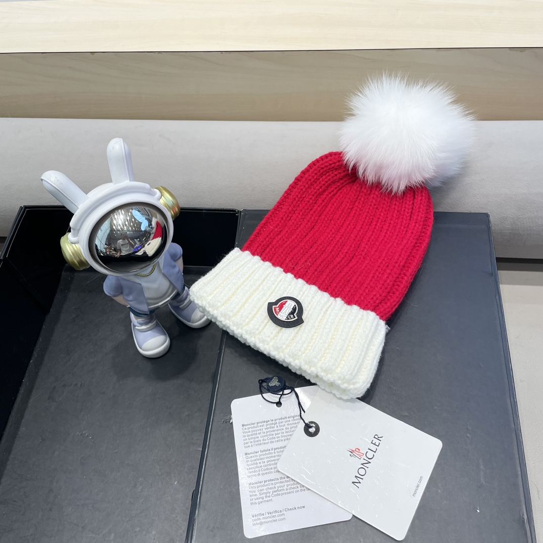 moncler韩版ins秋冬季真狐狸毛球毛线帽子女百搭时尚亲子针织帽潮