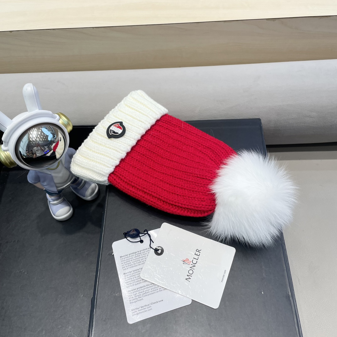 moncler韩版ins秋冬季真狐狸毛球毛线帽子女百搭时尚亲子针织帽潮