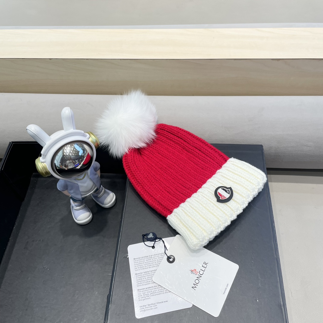 moncler韩版ins秋冬季真狐狸毛球毛线帽子女百搭时尚亲子针织帽潮
