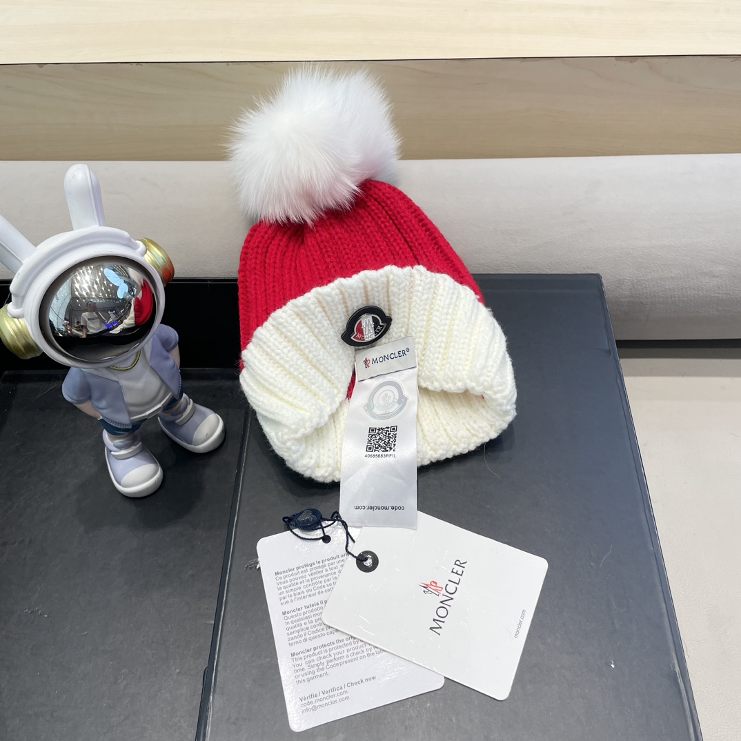 moncler韩版ins秋冬季真狐狸毛球毛线帽子女百搭时尚亲子针织帽潮