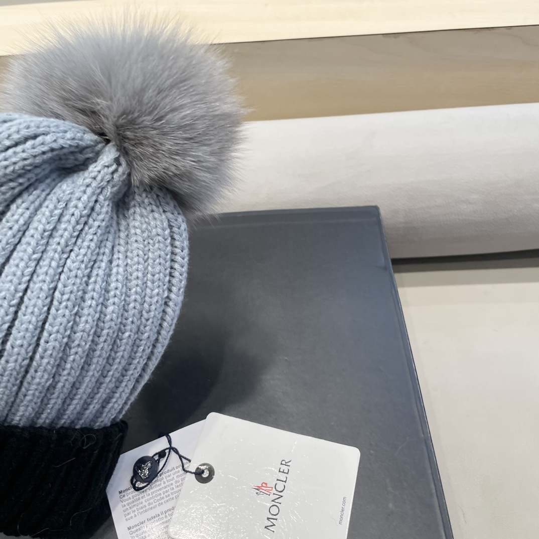 moncler韩版ins秋冬季真狐狸毛球毛线帽子女百搭时尚亲子针织帽潮