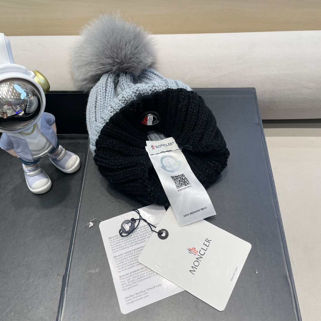 moncler韩版ins秋冬季真狐狸毛球毛线帽子女百搭时尚亲子针织帽潮