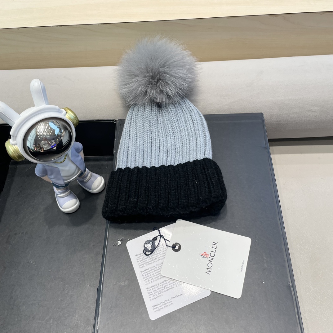 moncler韩版ins秋冬季真狐狸毛球毛线帽子女百搭时尚亲子针织帽潮