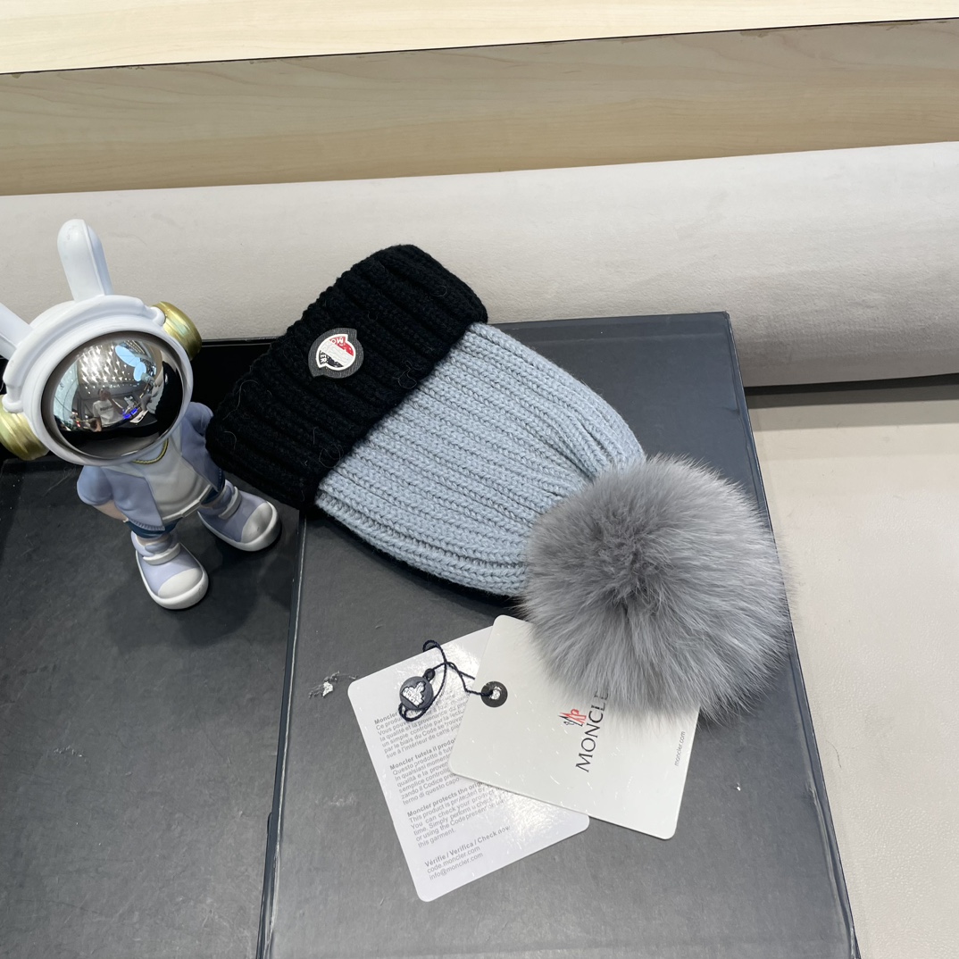 moncler韩版ins秋冬季真狐狸毛球毛线帽子女百搭时尚亲子针织帽潮