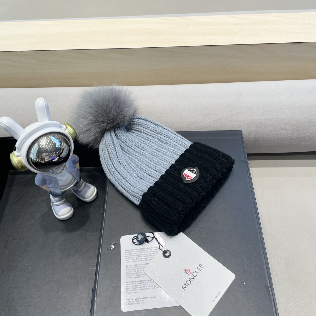 moncler韩版ins秋冬季真狐狸毛球毛线帽子女百搭时尚亲子针织帽潮