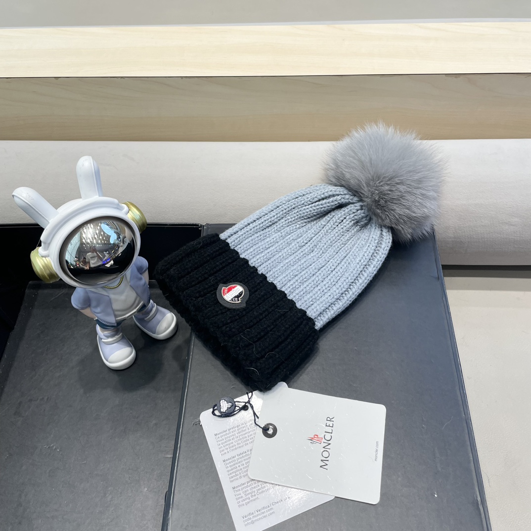 moncler韩版ins秋冬季真狐狸毛球毛线帽子女百搭时尚亲子针织帽潮