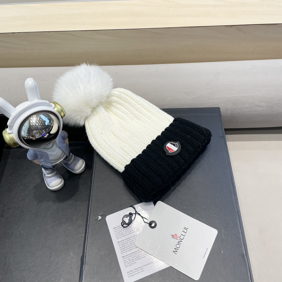 moncler韩版ins秋冬季真狐狸毛球毛线帽子女百搭时尚亲子针织帽潮