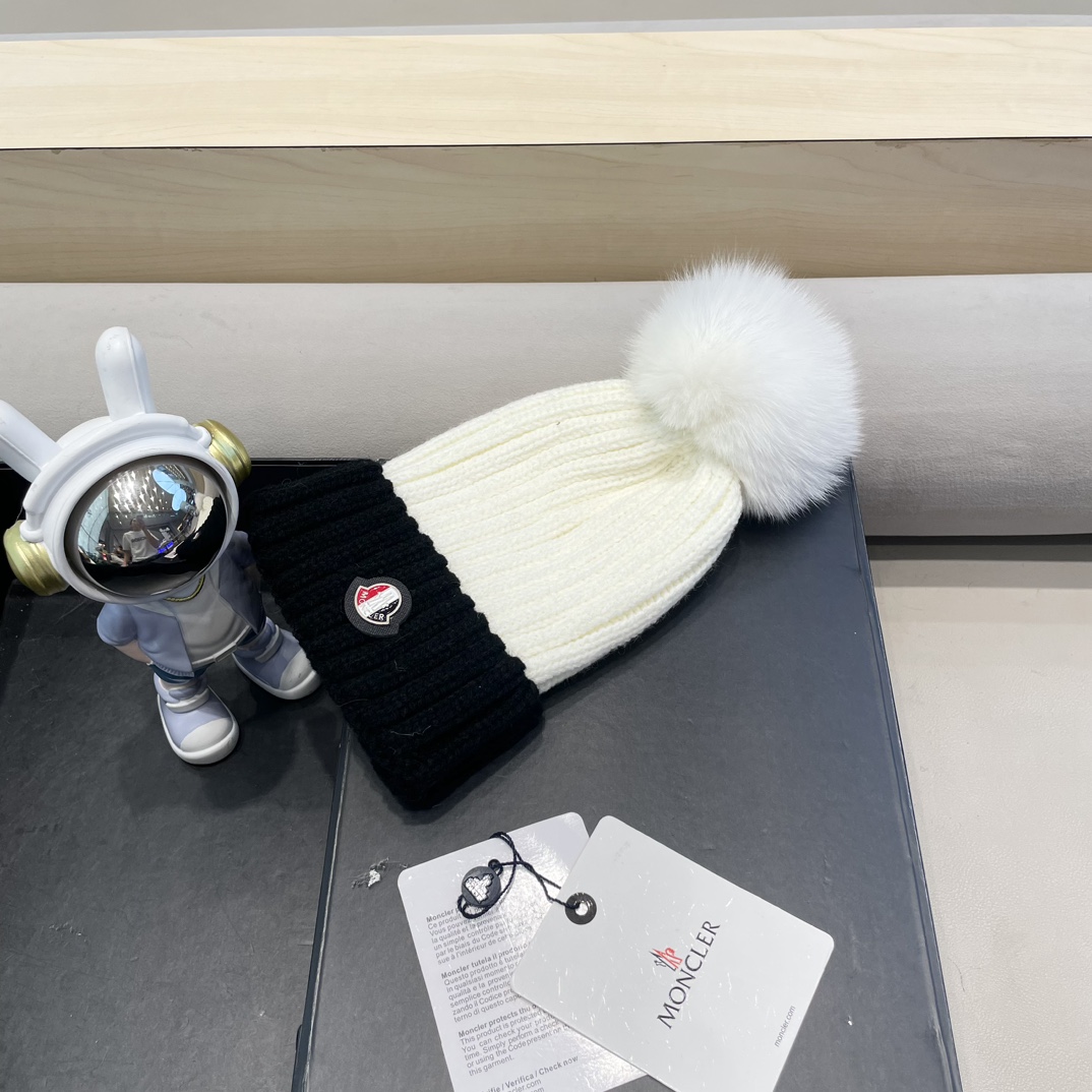 moncler韩版ins秋冬季真狐狸毛球毛线帽子女百搭时尚亲子针织帽潮