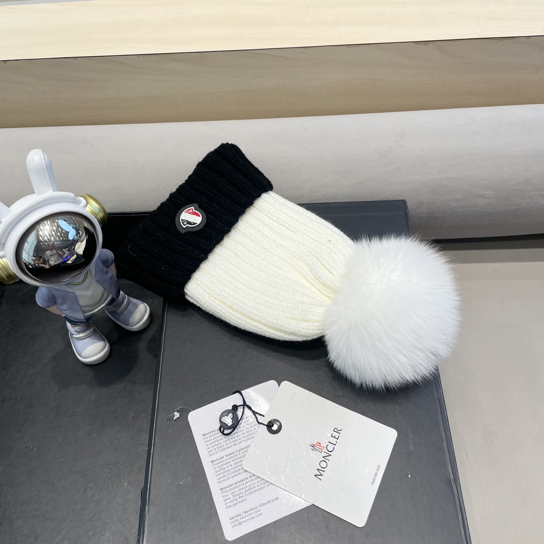 moncler韩版ins秋冬季真狐狸毛球毛线帽子女百搭时尚亲子针织帽潮