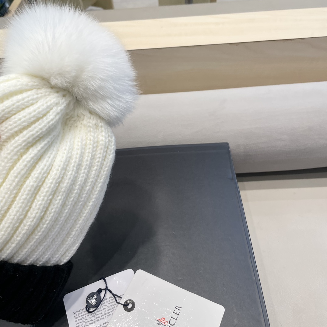 moncler韩版ins秋冬季真狐狸毛球毛线帽子女百搭时尚亲子针织帽潮