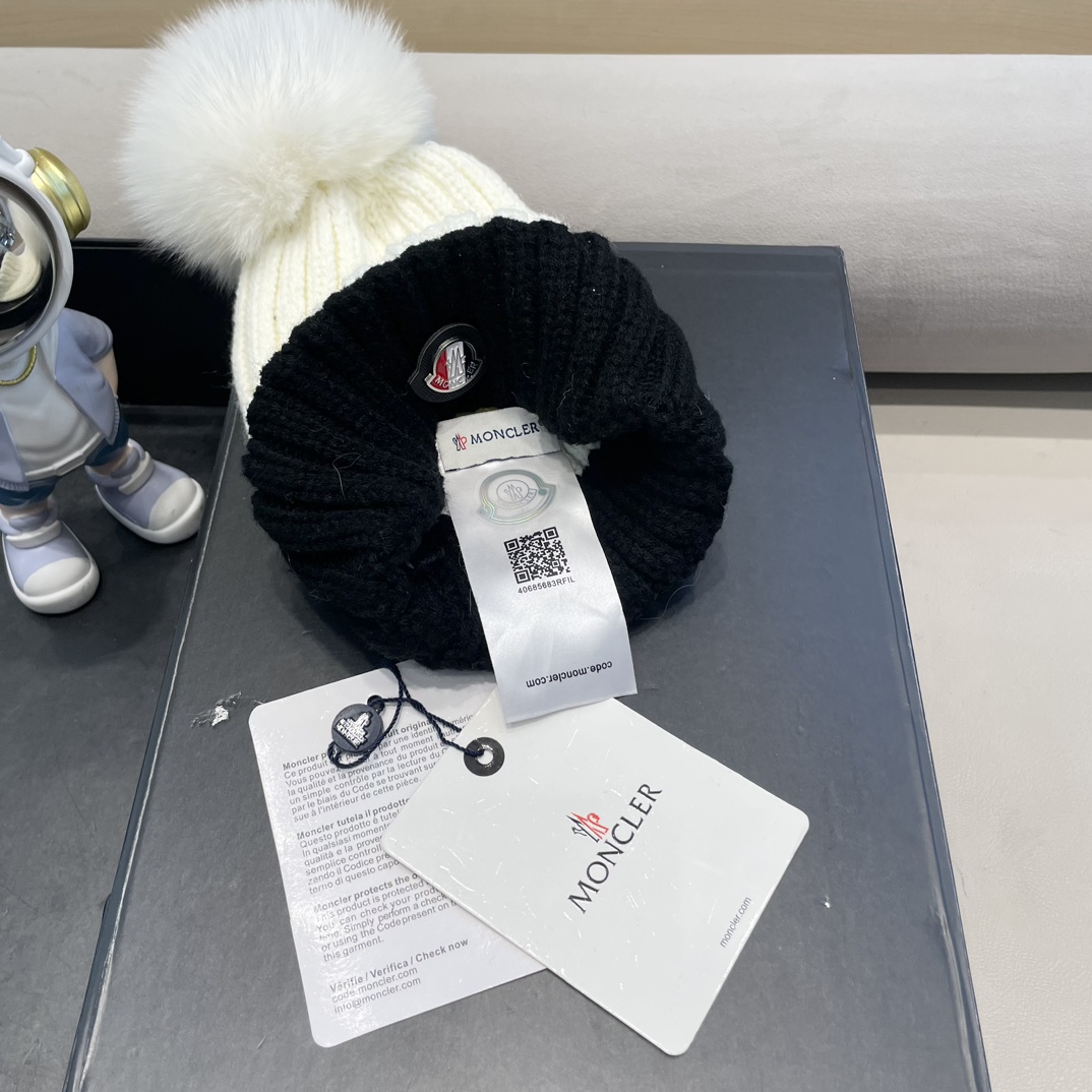 moncler韩版ins秋冬季真狐狸毛球毛线帽子女百搭时尚亲子针织帽潮