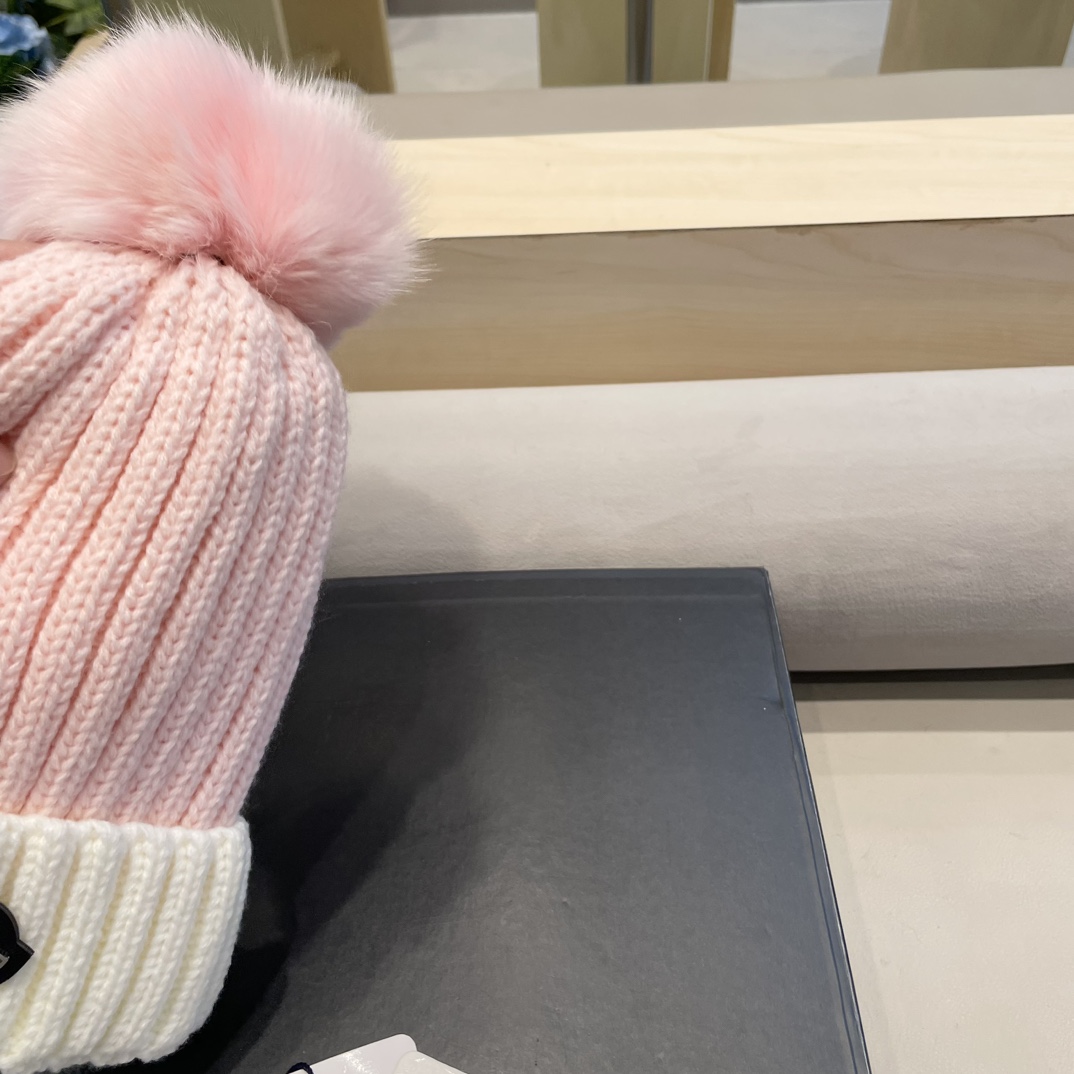 moncler韩版ins秋冬季真狐狸毛球毛线帽子女百搭时尚亲子针织帽潮