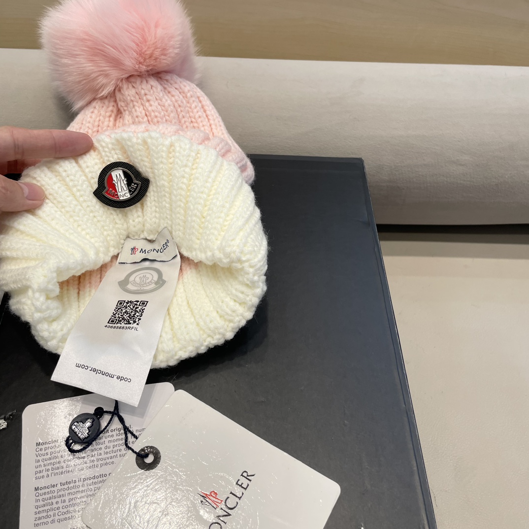 moncler韩版ins秋冬季真狐狸毛球毛线帽子女百搭时尚亲子针织帽潮
