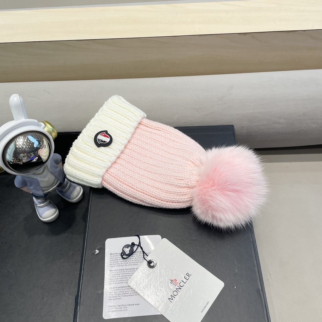 moncler韩版ins秋冬季真狐狸毛球毛线帽子女百搭时尚亲子针织帽潮