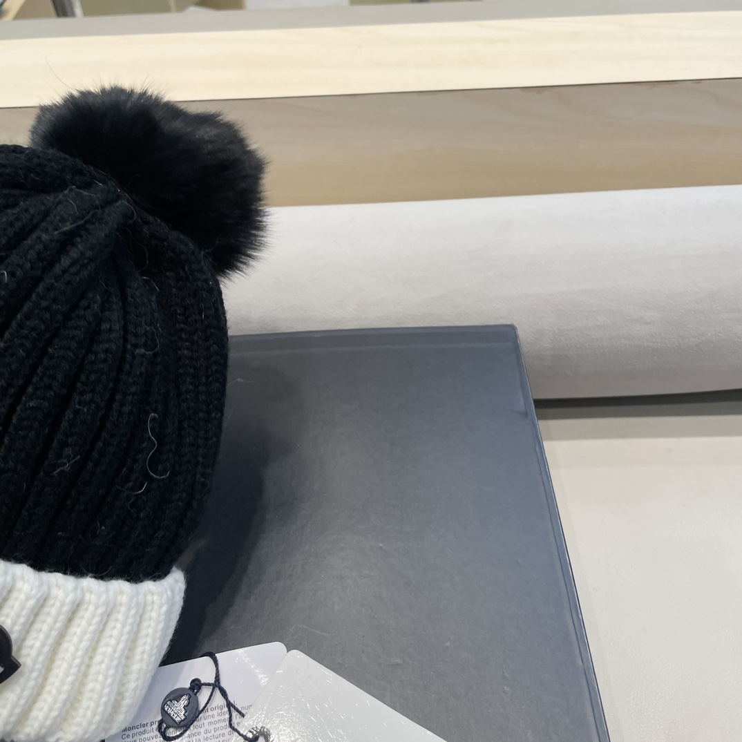 moncler韩版ins秋冬季真狐狸毛球毛线帽子女百搭时尚亲子针织帽潮
