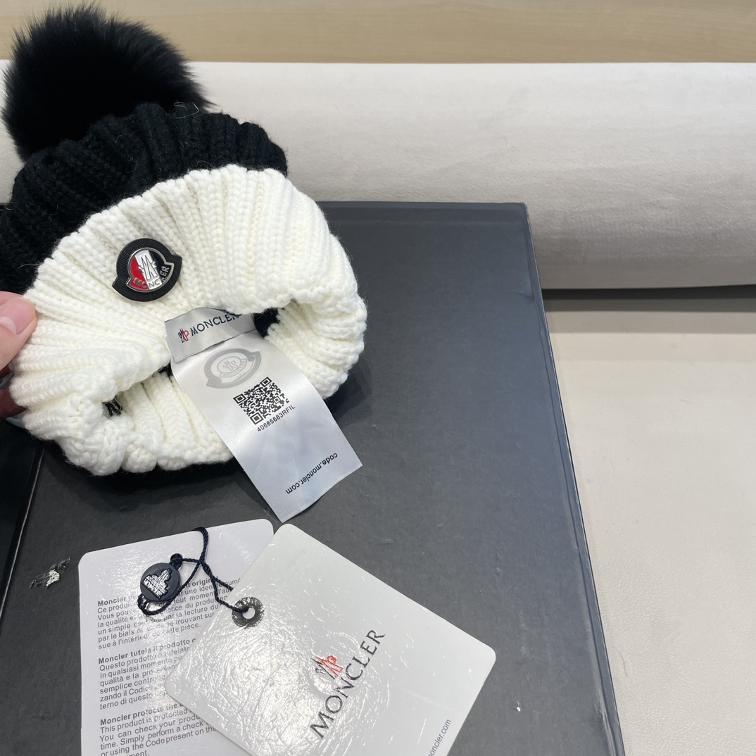moncler韩版ins秋冬季真狐狸毛球毛线帽子女百搭时尚亲子针织帽潮