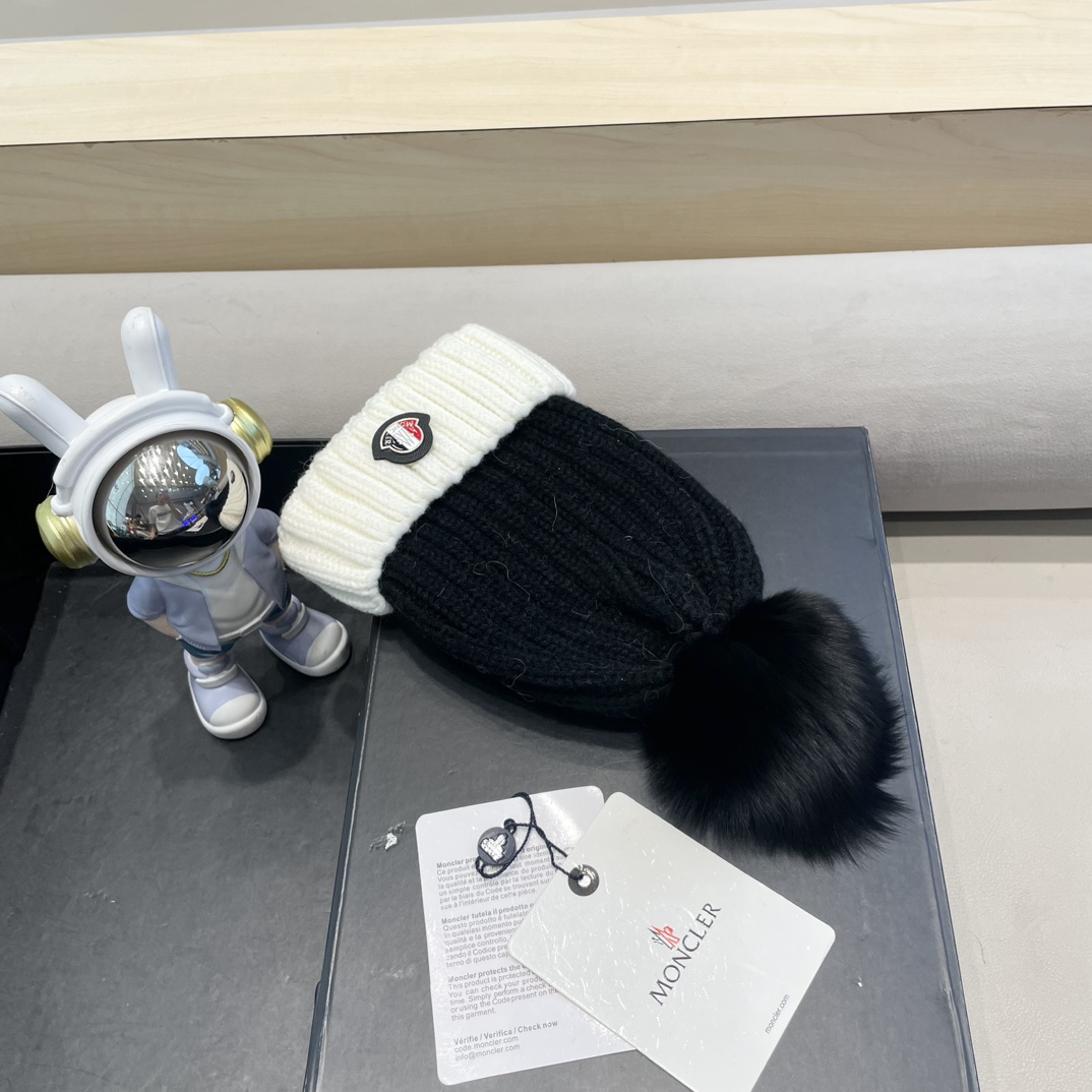 moncler韩版ins秋冬季真狐狸毛球毛线帽子女百搭时尚亲子针织帽潮