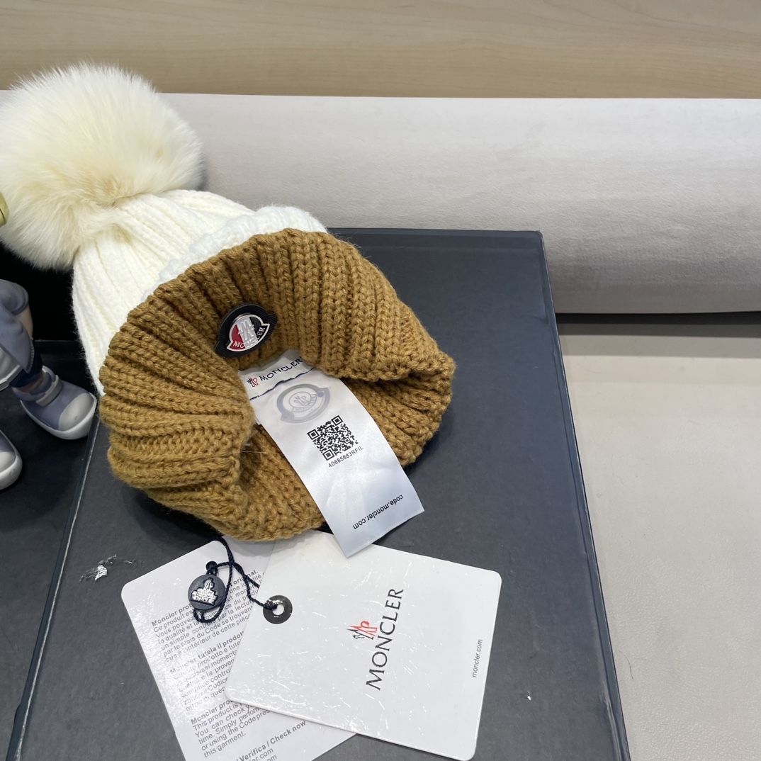 moncler韩版ins秋冬季真狐狸毛球毛线帽子女百搭时尚亲子针织帽潮