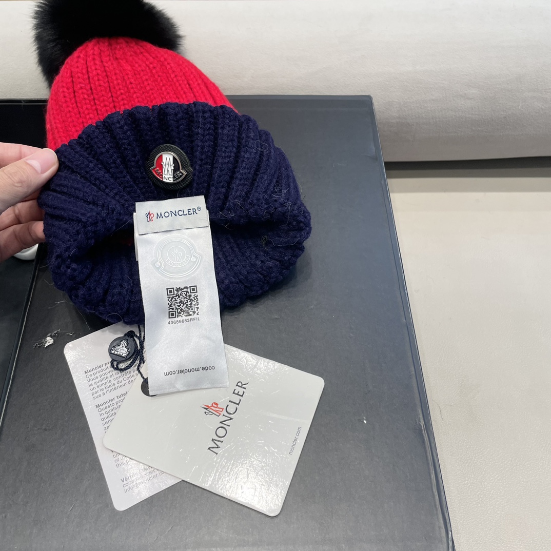 moncler韩版ins秋冬季真狐狸毛球毛线帽子女百搭时尚亲子针织帽潮