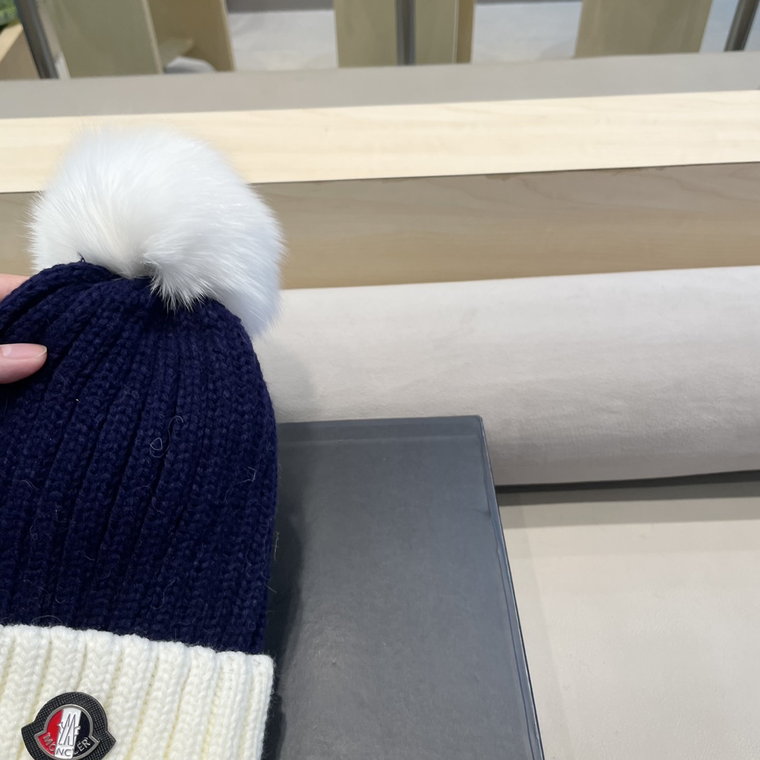 moncler韩版ins秋冬季真狐狸毛球毛线帽子女百搭时尚亲子针织帽潮