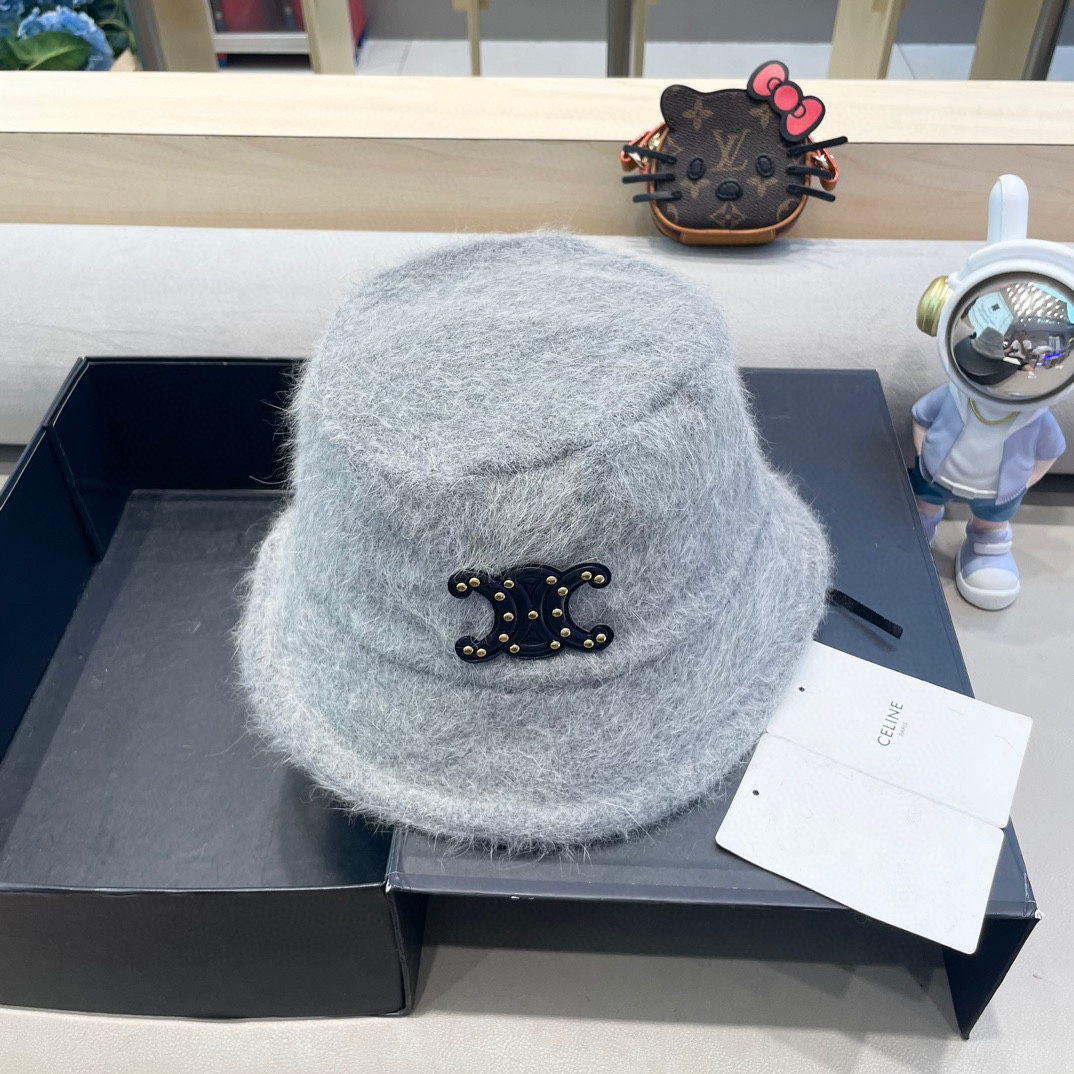 塞琳Celine兔毛渔夫帽女冬季2024新款百搭大头围素颜保暖防寒盆帽毛绒水桶帽