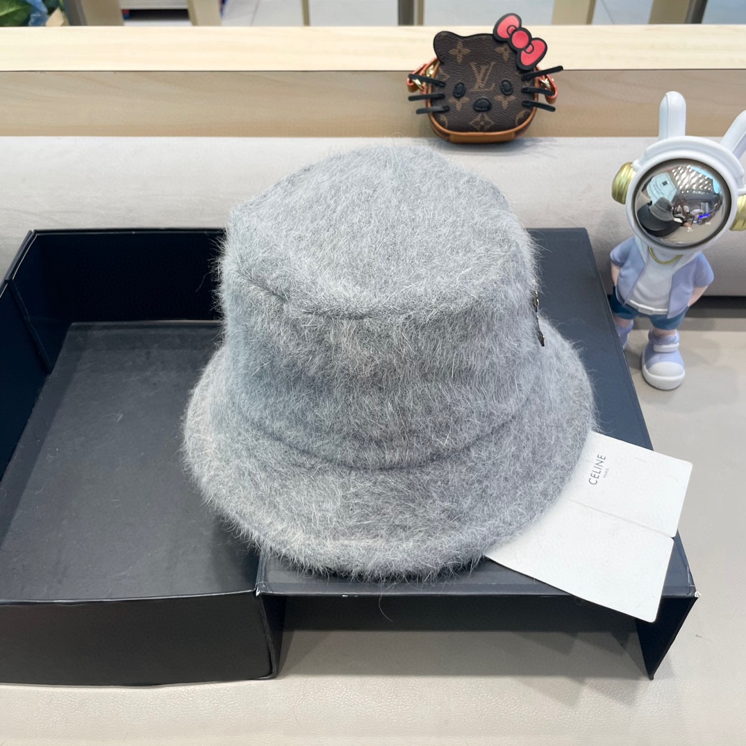 塞琳Celine兔毛渔夫帽女冬季2024新款百搭大头围素颜保暖防寒盆帽毛绒水桶帽