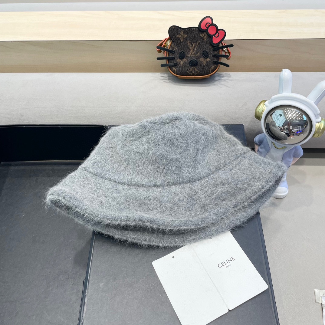 塞琳Celine兔毛渔夫帽女冬季2024新款百搭大头围素颜保暖防寒盆帽毛绒水桶帽