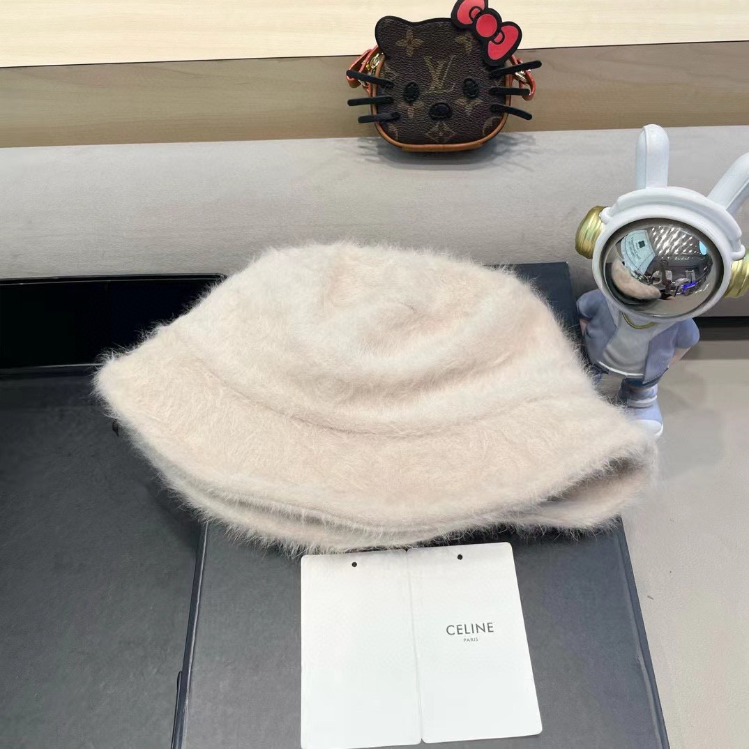 塞琳Celine兔毛渔夫帽女冬季2024新款百搭大头围素颜保暖防寒盆帽毛绒水桶帽