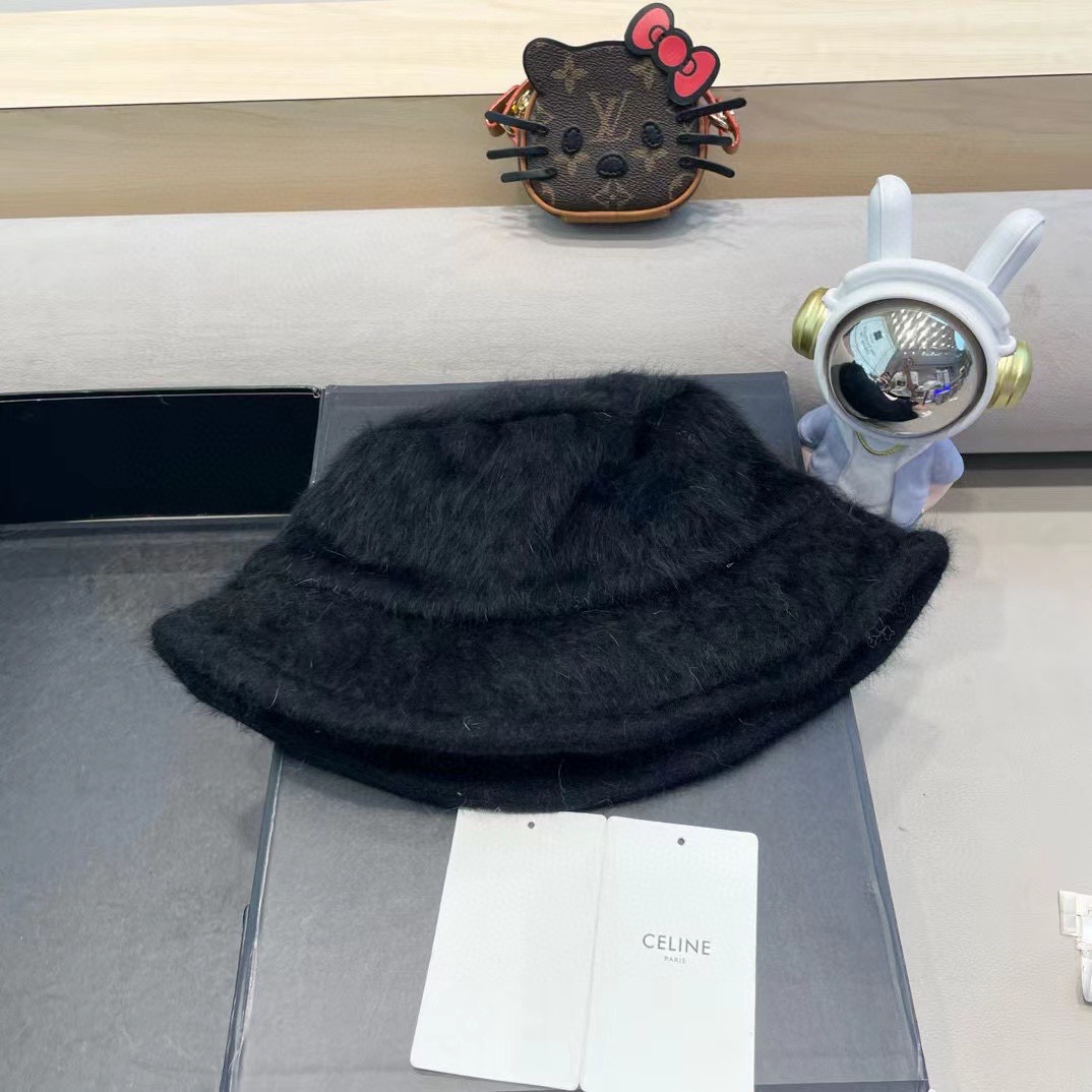 塞琳Celine兔毛渔夫帽女冬季2024新款百搭大头围素颜保暖防寒盆帽毛绒水桶帽