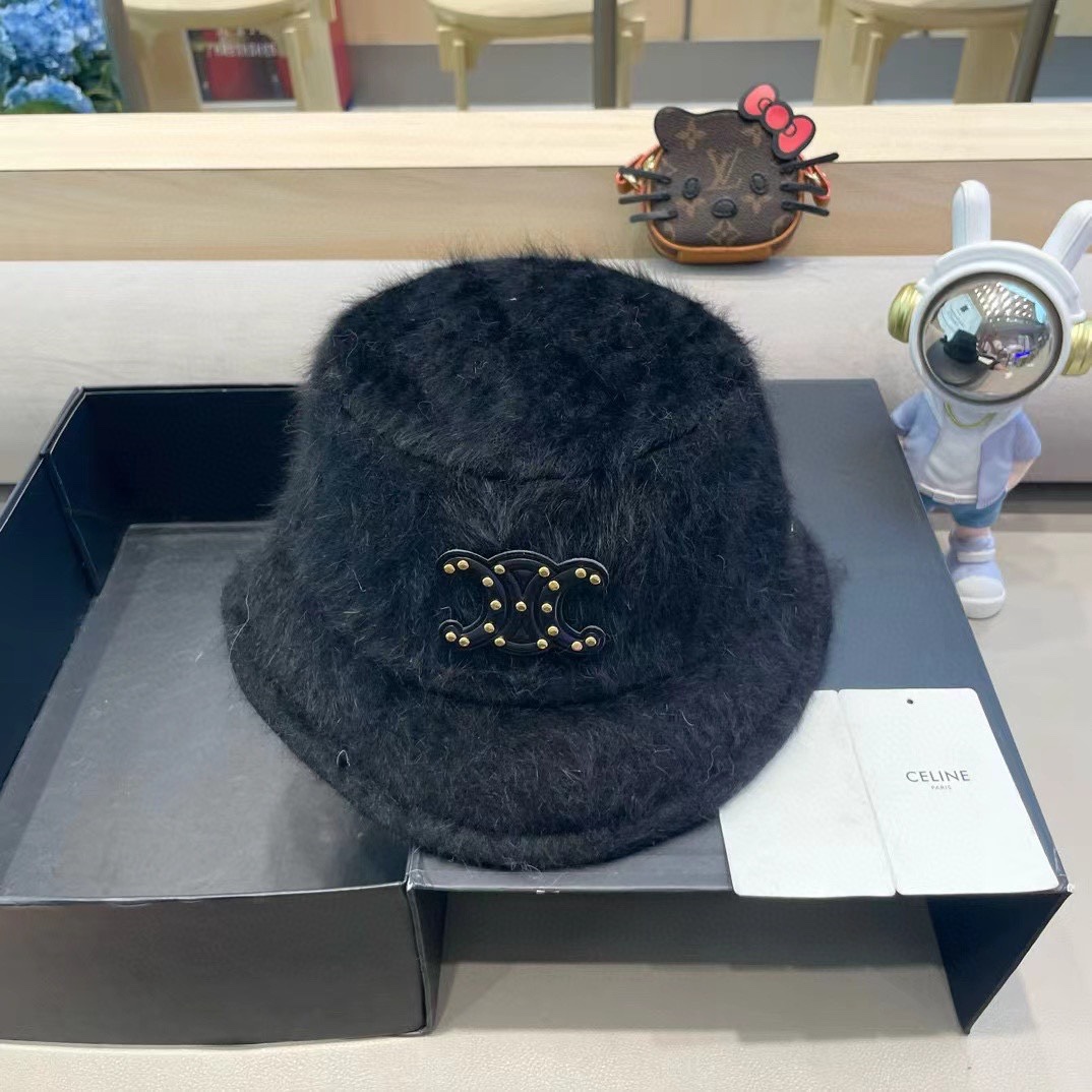 塞琳Celine兔毛渔夫帽女冬季2024新款百搭大头围素颜保暖防寒盆帽毛绒水桶帽