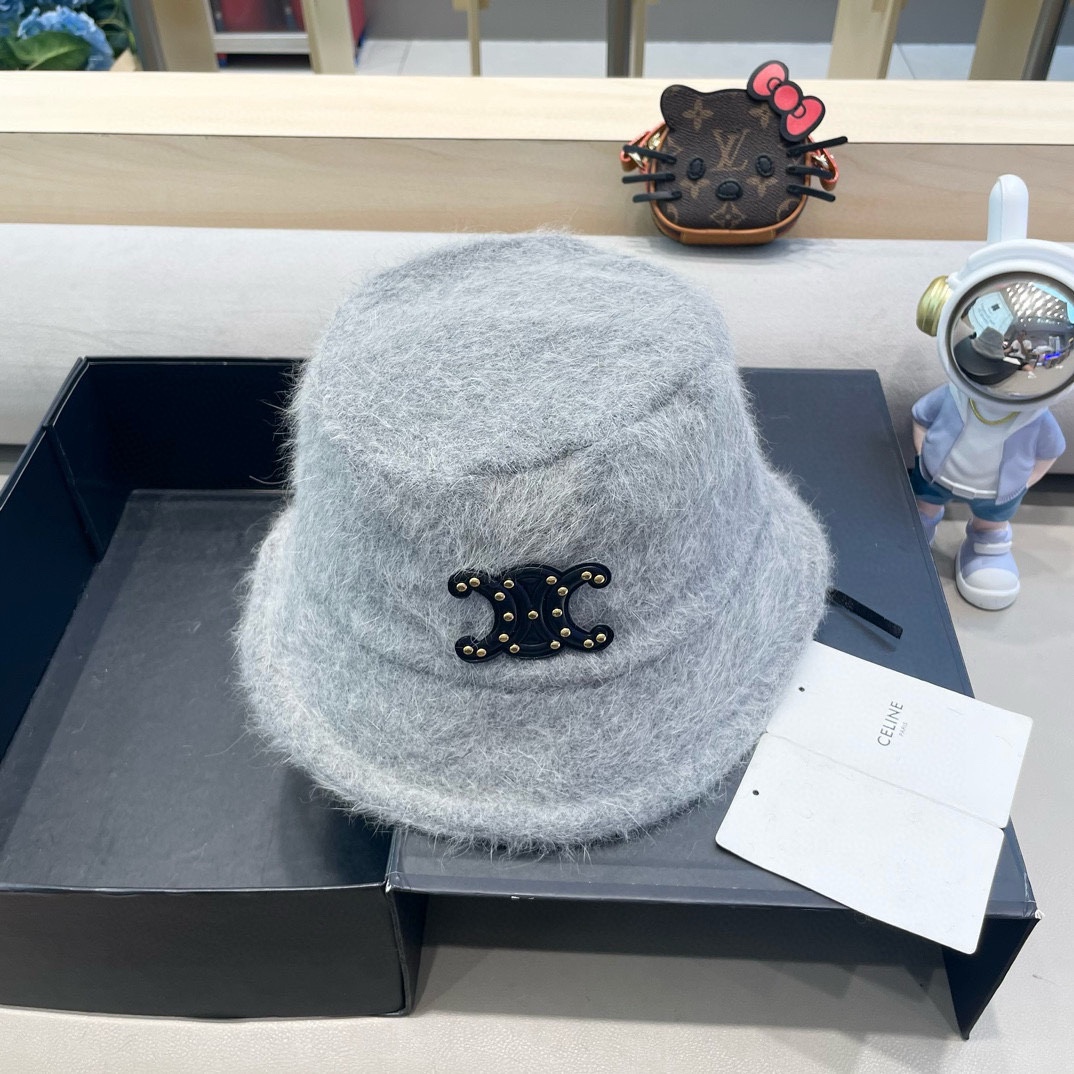 塞琳Celine兔毛渔夫帽女冬季2024新款百搭大头围素颜保暖防寒盆帽毛绒水桶帽