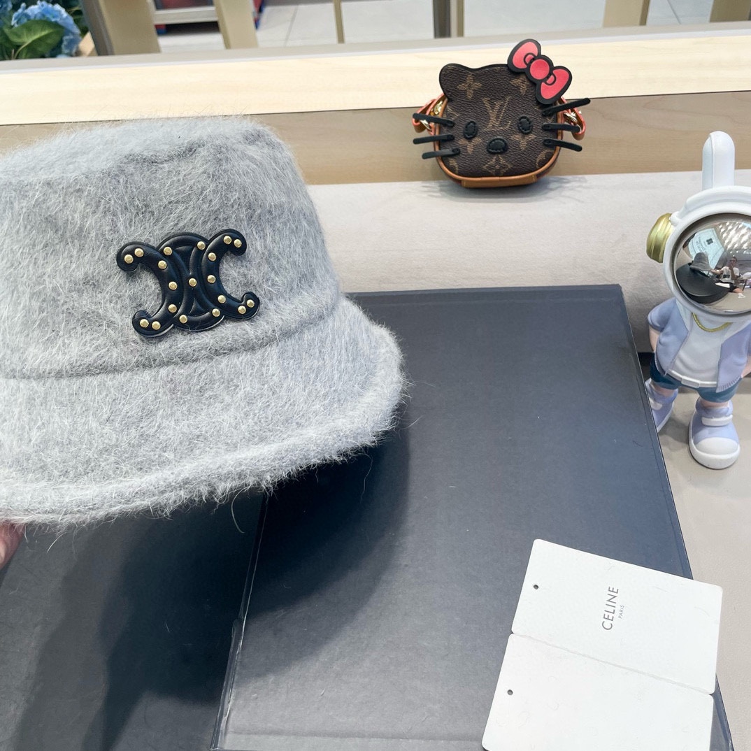 塞琳Celine兔毛渔夫帽女冬季2024新款百搭大头围素颜保暖防寒盆帽毛绒水桶帽