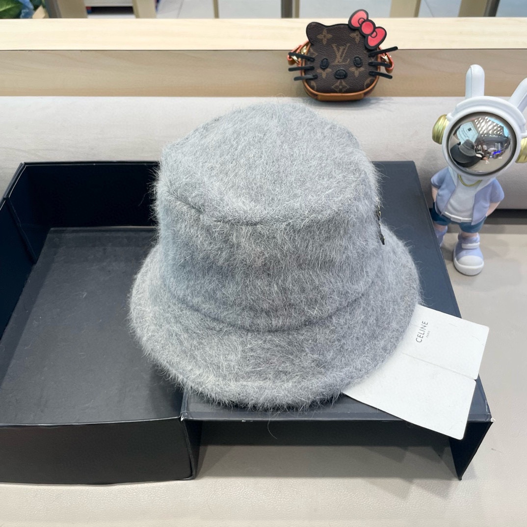 塞琳Celine兔毛渔夫帽女冬季2024新款百搭大头围素颜保暖防寒盆帽毛绒水桶帽