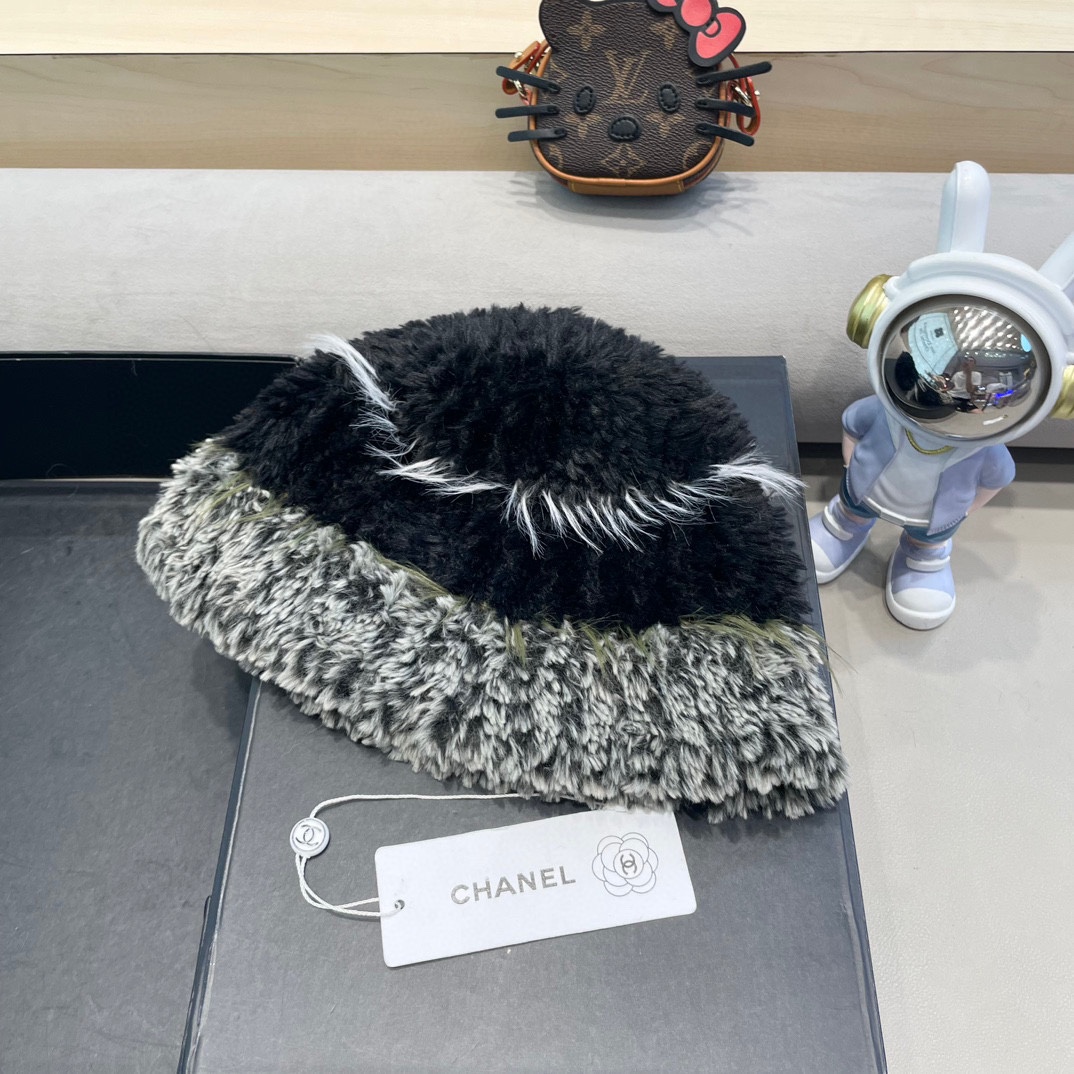 chanel毛绒条纹针织帽子女秋冬季新款显脸小毛线帽韩版百搭休闲加厚保暖