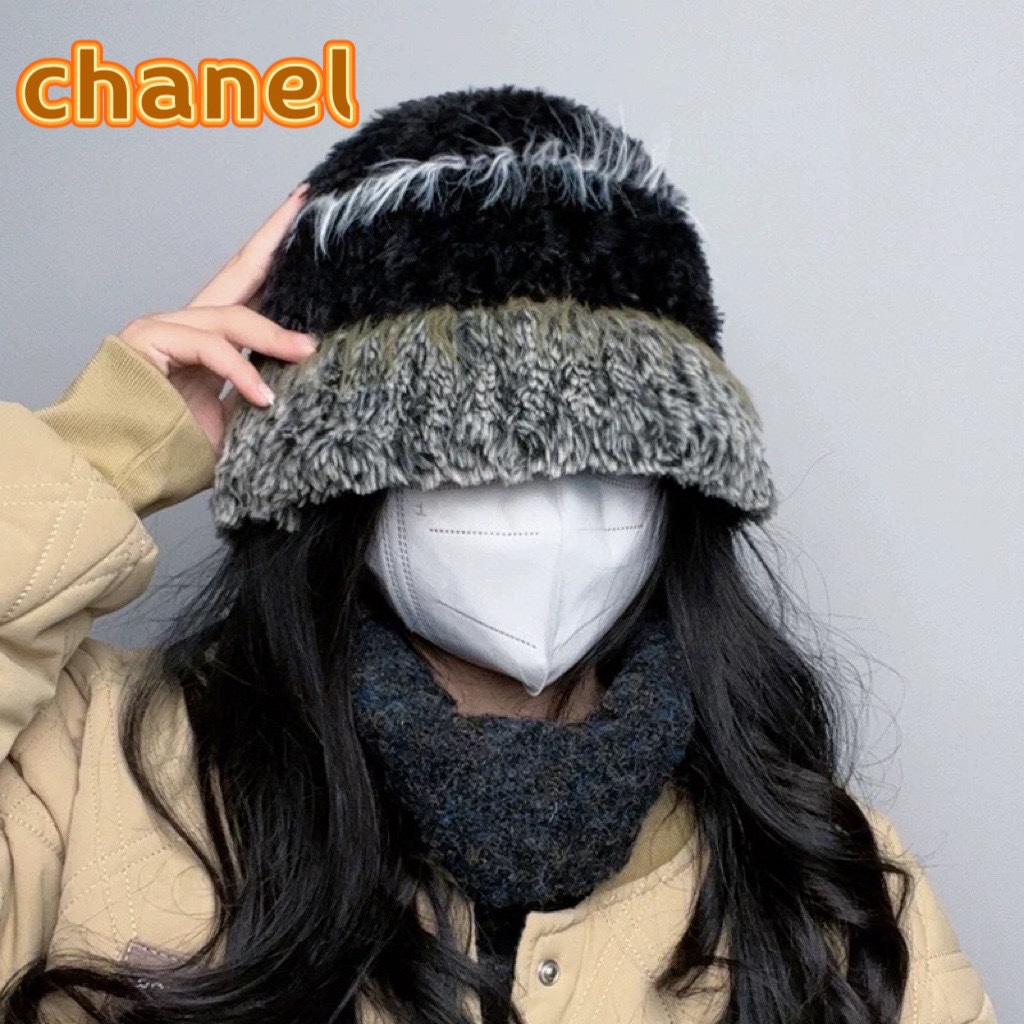chanel毛绒条纹针织帽子女秋冬季新款显脸小毛线帽韩版百搭休闲加厚保暖
