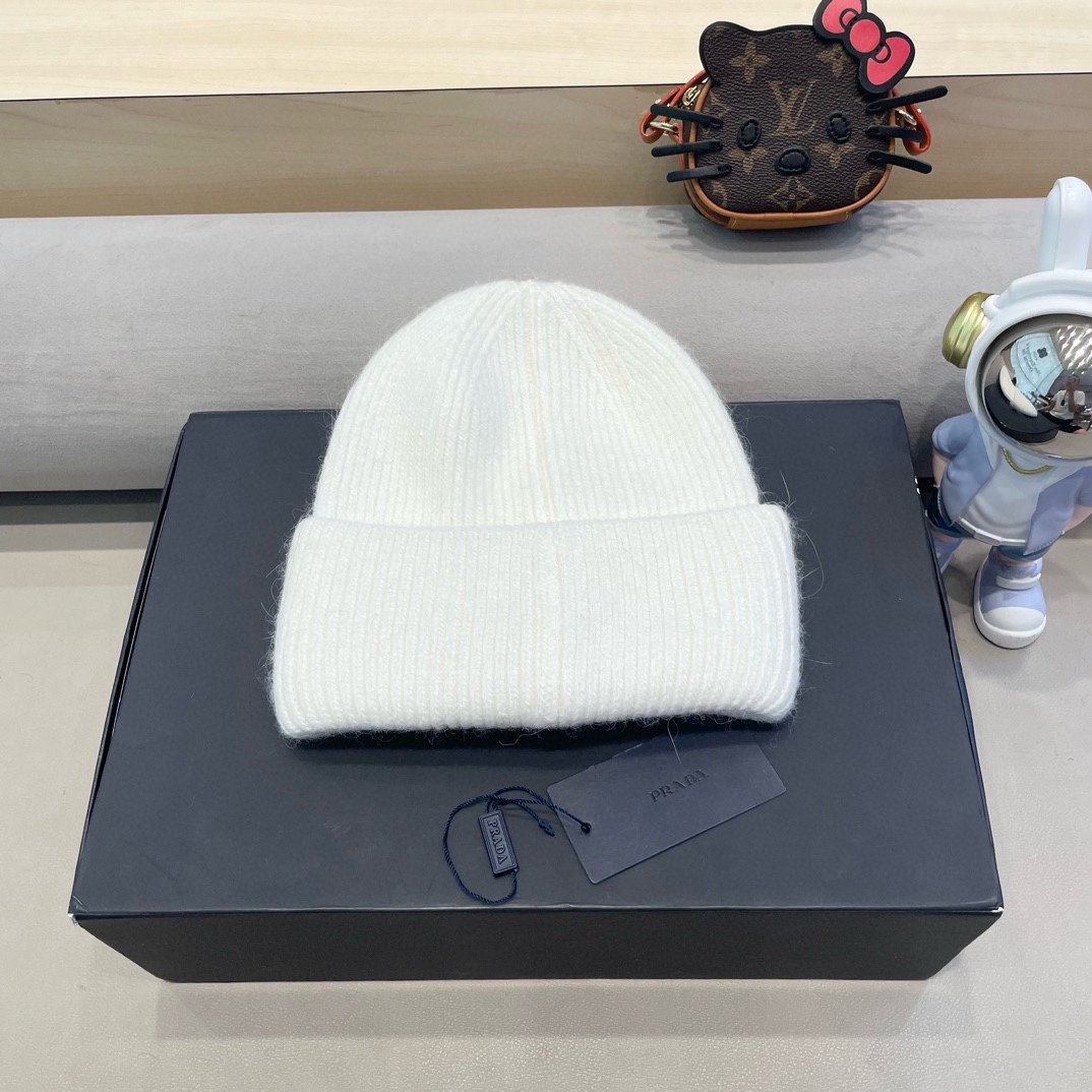 Prada兔毛粗线针织帽女秋冬2024新款毛线帽大头围针织帽男款白色冷帽子