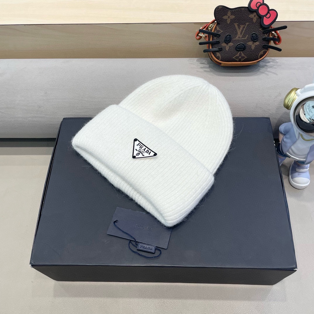 Prada兔毛粗线针织帽女秋冬2024新款毛线帽大头围针织帽男款白色冷帽子
