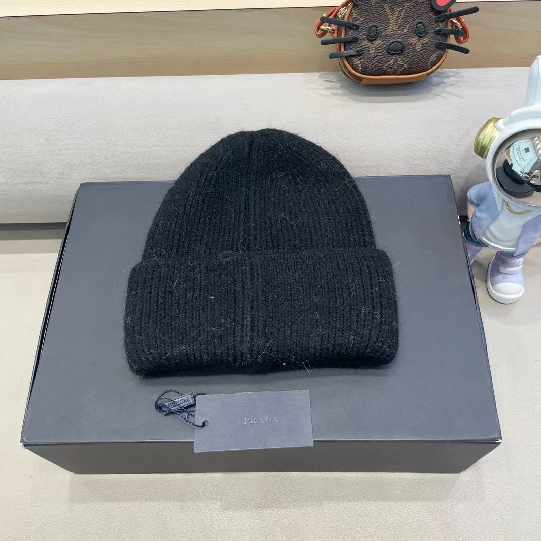 Prada兔毛粗线针织帽女秋冬2024新款毛线帽大头围针织帽男款白色冷帽子