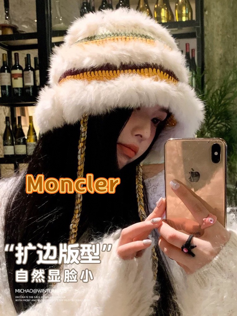 moncler彩色兔毛针织帽女秋冬季拼接保暖毛线帽韩版甜美可爱盆帽女醒狮帽